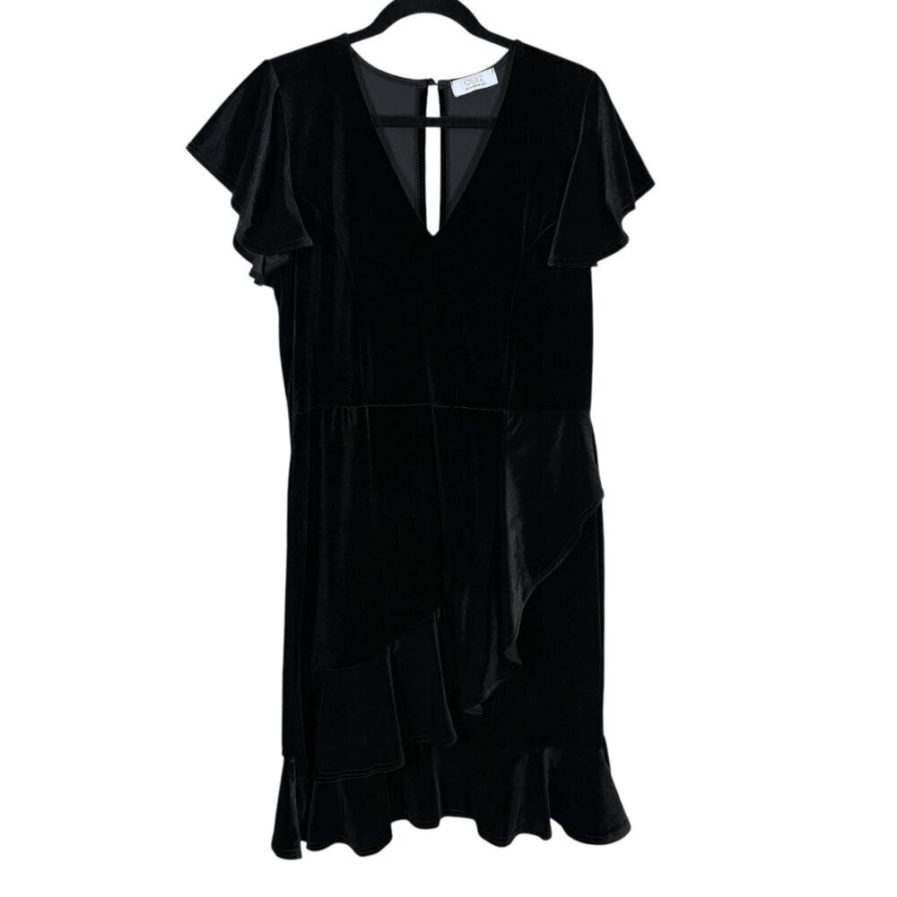 Quiz Black Velvet Short Sleeve Ruffle Hem Midi Dress Women's US Size 12
